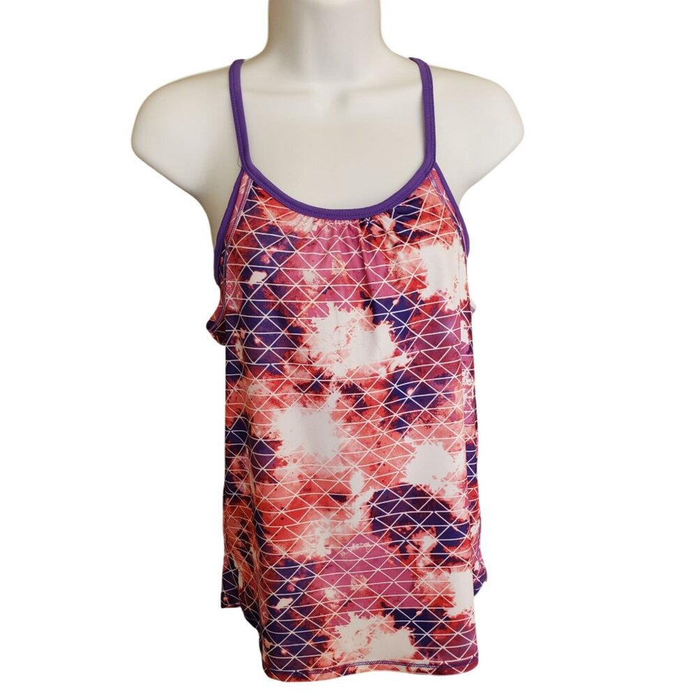 So Girls Racerback Tank 14 Built in Sport Bra Multi-Color Tie-Dye Geometric